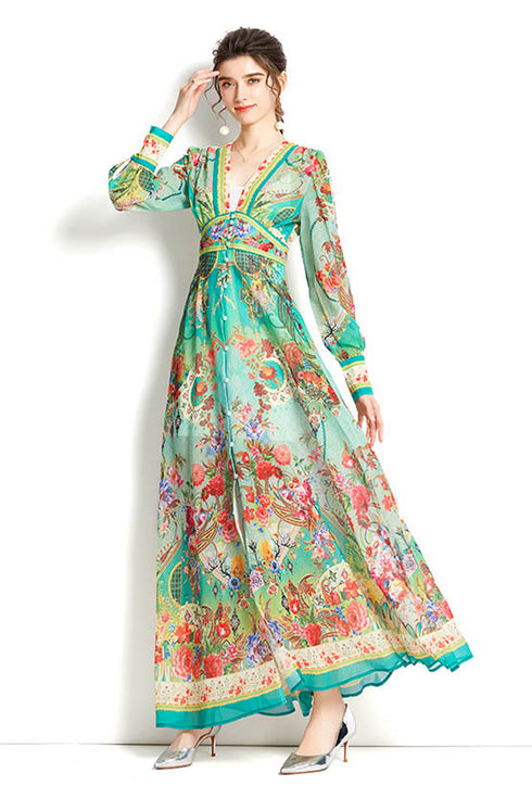 Spellbind Runway Fashion Floral Print Bohemian High Waist, V-Neck, Long Lantern Sleeve Maxi Dress